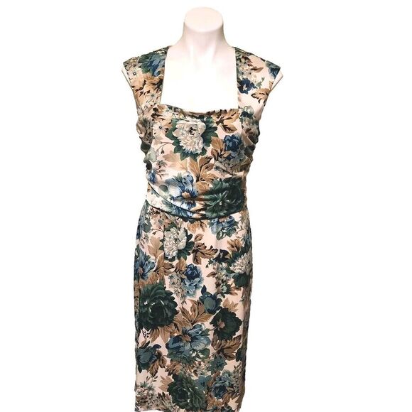 Donna Ricco Blue Green Tan Floral Square Neck Ruche Womens Dress Size‎ 12 - Picture 2 of 13